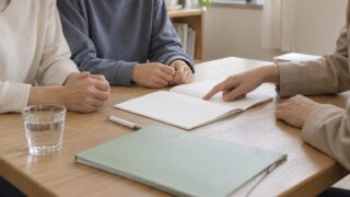 親子でノートを見ながら相談する場面（AI制作の学習イメージ）