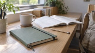 ノートと教材を置いた落ち着いた机（AI制作の学習イメージ）
