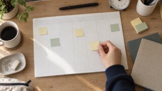 週間予定表と付箋で勉強計画を考える場面（AI制作の学習イメージ）